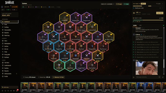 A screenshot of the Syndicate Web3 gaming platform showing a hexagonal 'Realm' game board, a player ranking of 165,870, and various NFT/character cards in the sidebar.