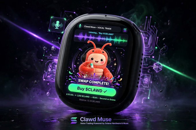 A digital advertisement displays 'Clawd Muse - VOCAL TRADE' on a smartwatch screen, showing a 'SWAP COMPLETE!' message for 'Buy $CLAWD' with rates '6.10 SOL → 1,250 $CLAWD'.