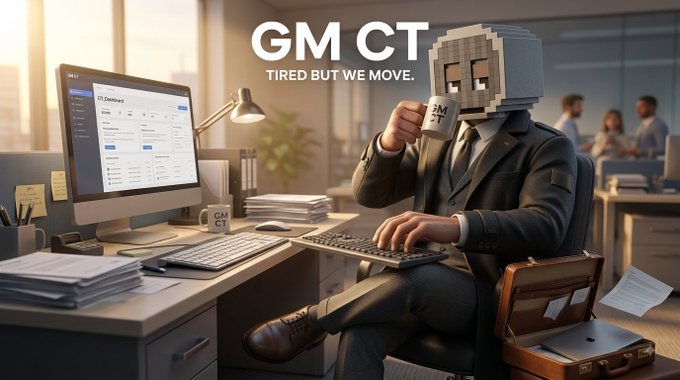 A digital illustration shows a person in a business suit with a pixelated block for a head sitting at a cluttered office desk, holding a "GM CT" mug, with the text "GM CT - TIRED BUT WE MOVE." displayed above.