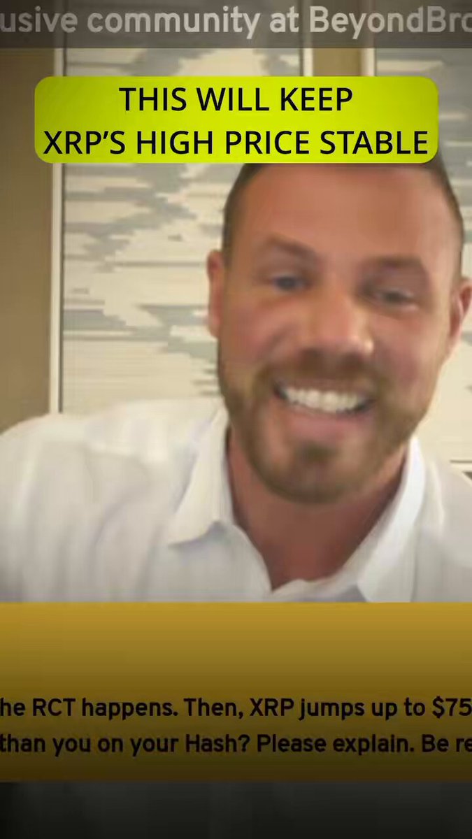 The focus of the image is a man smiling with his head tilted slightly, possibly looking at something off-camera or engaged in an animated conversation. The text surrounding him reads "This will keep XRP's High Price Stable". This suggests that there might be some information about maintaining the stability of the price of XRP.