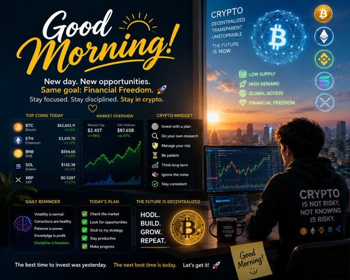 A 'Good Morning!' cryptocurrency-themed infographic displaying market data, top coins like BTC, ETH, and BNB, along with motivational text about crypto investing.