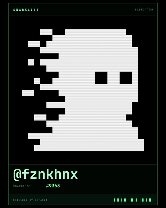 A pixelated black and white ghost-like character on a dark green poster labeled 'SNARKLIST' with the handle '@fznkhnx' and participant number '#9363'.