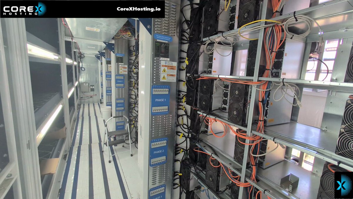 The image shows a server room with multiple servers, including some that are turned off or not currently active. The servers appear to be part of a data center, possibly used for Bitcoin mining operations. There are at least 13 visible servers in the room, indicating a large and complex setup. The post about CoreX Hosting suggests that these servers could be available for deployment, with a focus on Bitcoin mining due to the presence of Bitcoin symbols within the image description.