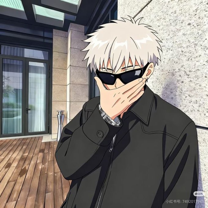 Anime character Gojo Satoru from Jujutsu Kaisen wearing sunglasses and a black jacket, covering his face with his hand in his signature pose.