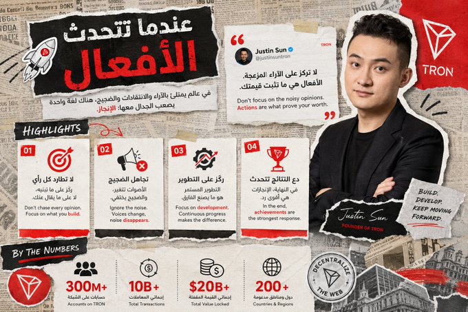 A promotional graphic featuring Justin Sun, founder of TRON, with Arabic text 'عندما تتحدث الأفعال' (When actions speak), highlights of business advice, and statistics including '300M+ Accounts on TRON' and '$20B+ Total Value Locked'.
