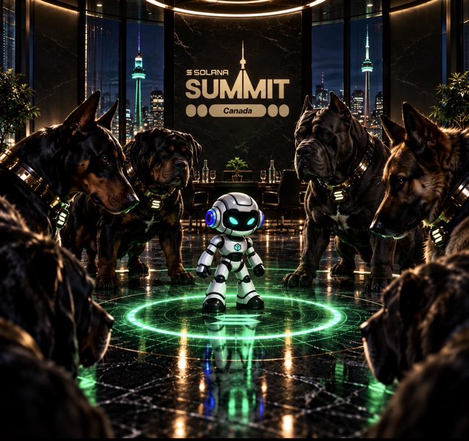 A small white robot stands at the center of a glowing green circular platform, surrounded by German Shepherds, Rottweilers, and Dobermans in an upscale penthouse setting with a "Solana Summit Canada" banner visible in the background. The imagery symbolizes the "$MADE" team networking and securing deals with key chain stakeholders at the Toronto event, reinforcing the post's bullish sentiment about building relationships that drive future growth.