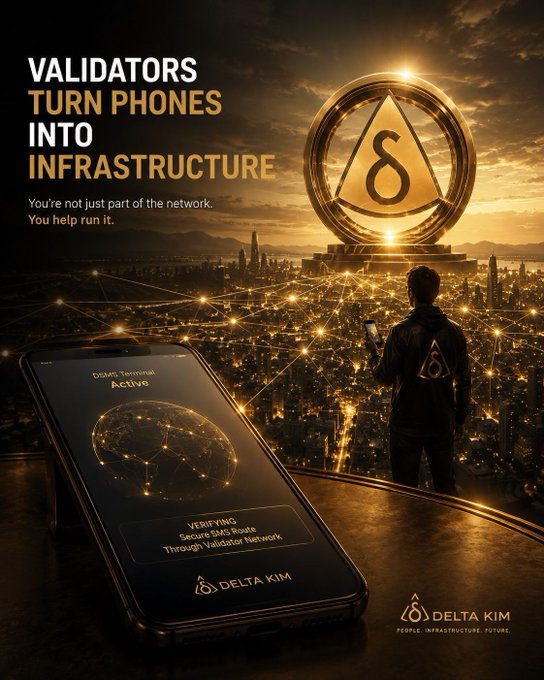 A promotional image for Delta Kim with the tagline "VALIDATORS TURN PHONES INTO INFRASTRUCTURE," showing a person overlooking a futuristic cityscape with a phone displaying an active DSMS terminal.