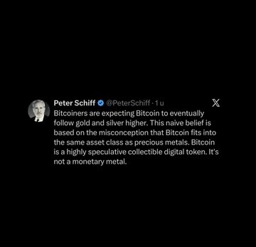 A tweet by Peter Schiff (@PeterSchiff) reading: 'Bitcoiners are expecting Bitcoin to eventually follow gold and silver higher. This naive belief is based on the misconception that Bitcoin fits into the same asset class as precious metals. Bitcoin is a highly speculative collectible digital token. It's not a monetary metal.'