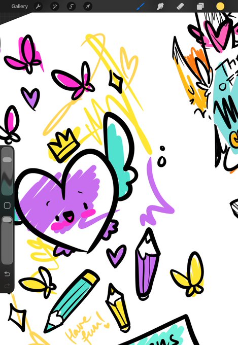 A digital illustration in a sketch app with doodles of pink and purple hearts, butterflies, and pencils. One heart has a smiling face and a crown, with 'I love you!' handwritten near the bottom.