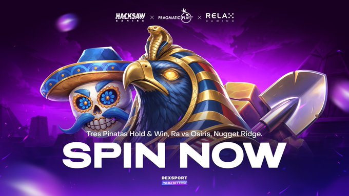 A promotional banner for online slot games featuring a Day of the Dead skull in a sombrero alongside an Egyptian Horus figure, advertising 'Tres Pinatas Hold & Win, Ra vs Osiris, Nugget Ridge' from Hacksaw Gaming x Pragmatic Play x Relax Gaming with a 'SPIN NOW' call to action.
