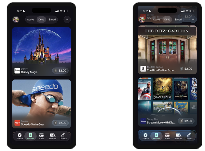 Two smartphone screenshots display the EarnOS mobile app interface, each showing a "Missions" tab featuring brand partnership deals—$2.00 offers from Disney ("Disney Magic") and Speedo ("Speedo Swim Gear") on the left, and The Ritz-Carlton ("The Ritz-Carlton Expe...") and Disney Plus ("Stream More with Dis...") on the right. The app enables users to earn real USD by completing brand missions, aligning with the post's promotion of the platform funded by $18.5M in Pre-Series A.
