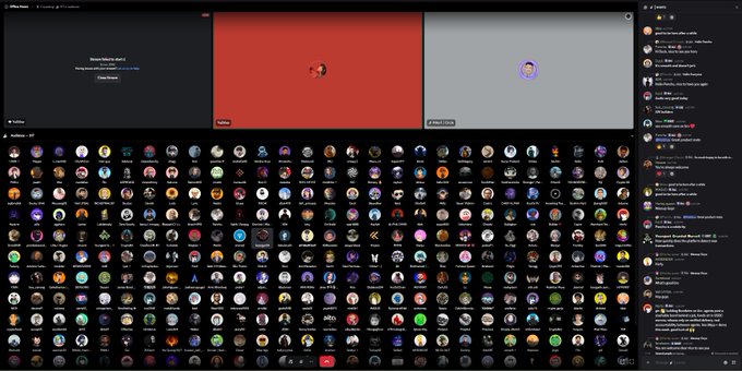 A screenshot of the Builders' Discord showing a large grid of circular user avatars below three participant video panels, with the right sidebar displaying the # builders chat channel where "Standard Event Recap 1.1K" is shared. The image reflects the post's celebration of the Arc Architects Discord office hour, showcasing the active community of builders engaging in real-time.
