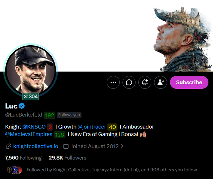 A Twitter/X profile page for Luc (@LucBerkefeld) with a verified checkmark, 29.8K followers, 7,560 following, bio reading 'Knight @KN8CO 2 | Growth @jointracer 40 | Ambassador @MedievalEmpires 128 | New Era of Gaming | Bonsai', joined August 2012, with website knightcollective.io.