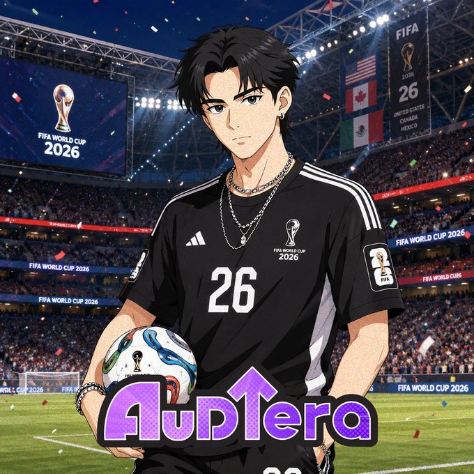 An anime-style character wearing a black FIFA World Cup 2026 jersey with the number 26, holding a soccer ball in a stadium setting, with the text 'AubTera' displayed in purple at the bottom.