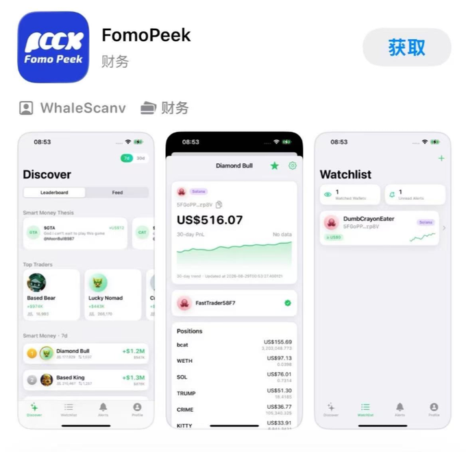 An App Store listing for "FomoPeek" by WhaleScanv in the Finance category, showing screenshots of a crypto tracking app with features like Discover, Watchlist, and trader PnL.