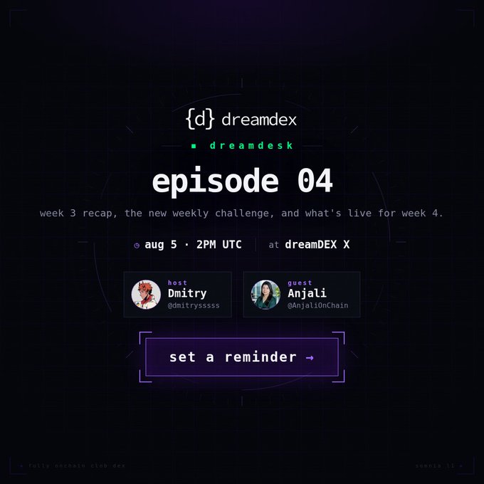 A promotional graphic for dreamDEX's dreamDesk Episode 4, scheduled for August 5 at 2PM UTC on X Space, featuring host Dmtry (@dmitrysssss) and guest Anjali (@AnjaliOnChain), with a "set a reminder" button. The image aligns with the post's announcement of the X Space covering Algo Arena leaderboard recap and Week 4 trading updates on dreamDEX.