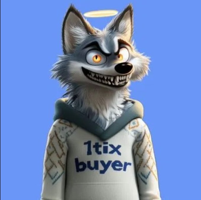 A 3D-rendered cartoon wolf character with a mischievous grin and a halo, wearing a patterned sweater that reads '1tix buyer'.
