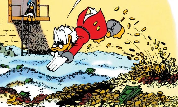 A cartoon of Scrooge McDuck diving into his massive vault of gold coins and cash, with another duck character watching from a platform above.