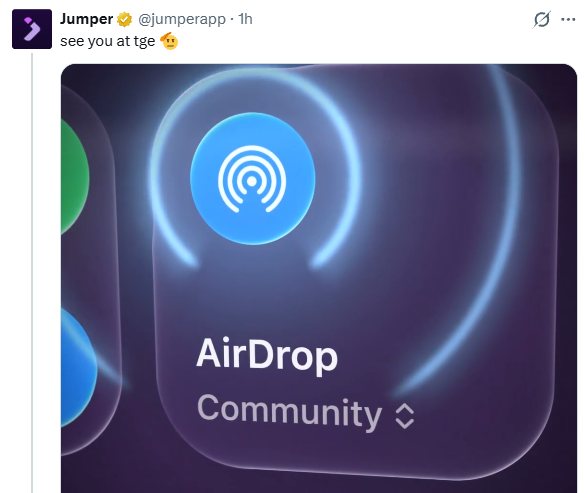 A tweet from Jumper (@jumperapp) reads "see you at tge" with an attached image showing an AirDrop Community icon, announcing the confirmed $JUMP airdrop following a likely snapshot of community holders.