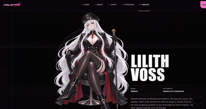 The image shows a webpage for "Palintar" featuring an anime character named "LILITH VOSS" — described as "RANK: OMEGA" and "AUTHORITY: ABSOLUTE COMMAND" — a "Supreme Director of Absolute Surveillance" with long white hair, dark outfit, and a cap, holding a staff.

The accompanying post promotes the $PLTR token and suggests that speculative investors ("smart money") are already positioned in the project, using the anime-mascot branding as part of its marketing appeal.