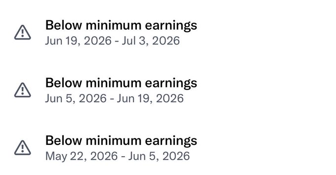 A list of three earnings warning notifications, each reading 'Below minimum earnings' for consecutive biweekly periods in May-June 2026.