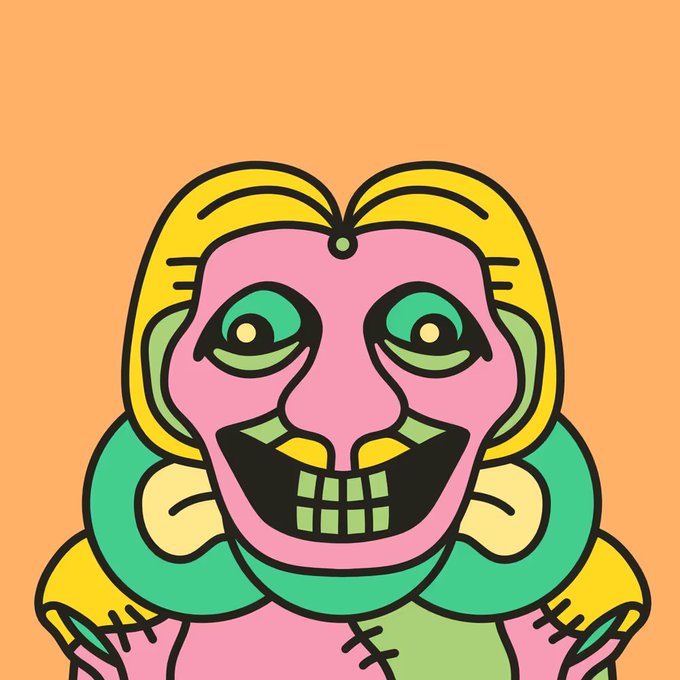 A vibrant pop-art style illustration of a smiling face with pink skin, blonde hair, green eyes, and yellow lips against an orange background.
