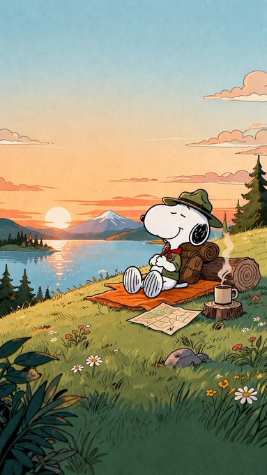 An illustration of Snoopy sitting on a blanket at sunset, drinking coffee next to a campfire, with a lake and mountains in the background.