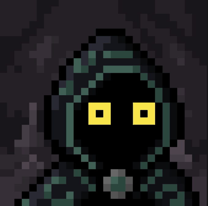 A pixelated hooded figure with glowing yellow eyes stares out from a dark, shadowy background. The image serves as a mysterious visual metaphor for the post, which discusses how Robinhood NFTs allegedly offer better holder and project alignment compared to legacy ETH-based NFTs, particularly when it comes to potential share swaps or revenue-sharing programs.