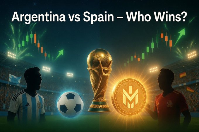 A graphic asking 'Argentina vs Spain - Who Wins?' featuring silhouettes of players, a golden World Cup trophy, a soccer ball, and a cryptocurrency coin with 'M' symbol, set against a candlestick chart background.
