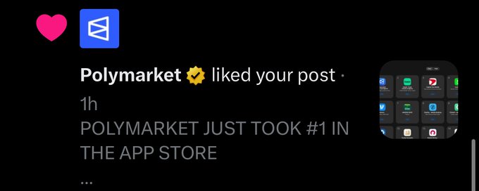 A social media notification showing Polymarket liked a post with text 'POLYMARKET JUST TOOK #1 IN THE APP STORE', featuring the app's blue icon and a pink heart.