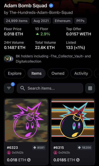A screenshot of an OpenSea NFT collection page titled "Adam Bomb Squad" by The-Hundreds-Adam-Bomb-Squad, showing a floor price of 0.018 ETH, 24,999 items, and listings for items #6323 and #6315.