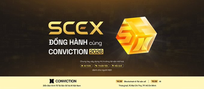 A promotional banner for SCEX accompanying Conviction 2026, featuring event details for August 14-15 in Ho Chi Minh City at Thiskwhal, 10 Mai Chi Tho, Thu Duc, focusing on AI, Blockchain, and Web3.