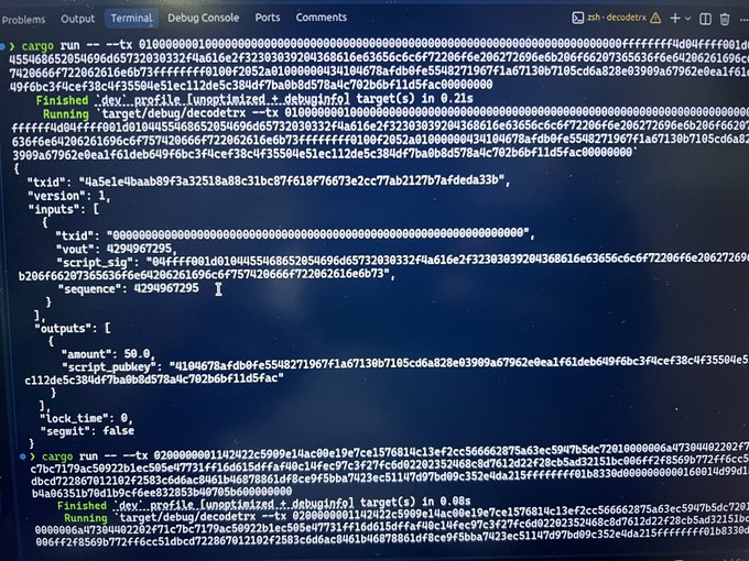 Terminal screen showing cargo build and run output for a ZK-codec project, with JSON output displaying txid, version, inputs including a script_sig and sequence, and outputs including amount and script_pubkey.