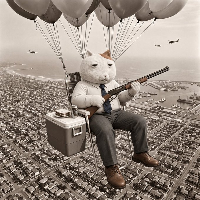 A surreal AI-generated image showing a cat-headed figure dressed in business attire, holding a shotgun while sitting in a lawn chair suspended by balloons over a coastal city.