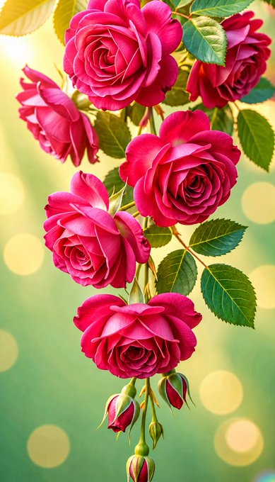A vibrant display of lush pink and magenta roses cascades down the frame, surrounded by fresh green foliage against a soft bokeh background of glowing golden lights. The accompanying post appears to be tagging numerous social media users, though the image of blooming roses doesn't directly relate to any specific text or names.
