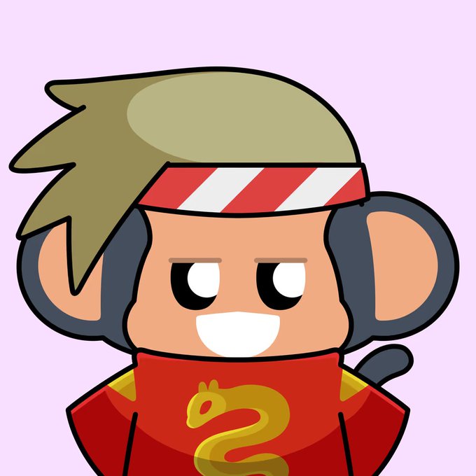 A cartoon illustration of a mouse-like character with a red and white striped headband and a red shirt featuring a yellow dragon design.