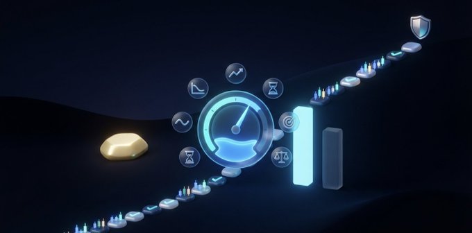 A digital 3D graphic showing a timeline, gauge, hourglass, and chart icons floating in a stylized dark landscape with blue lighting.