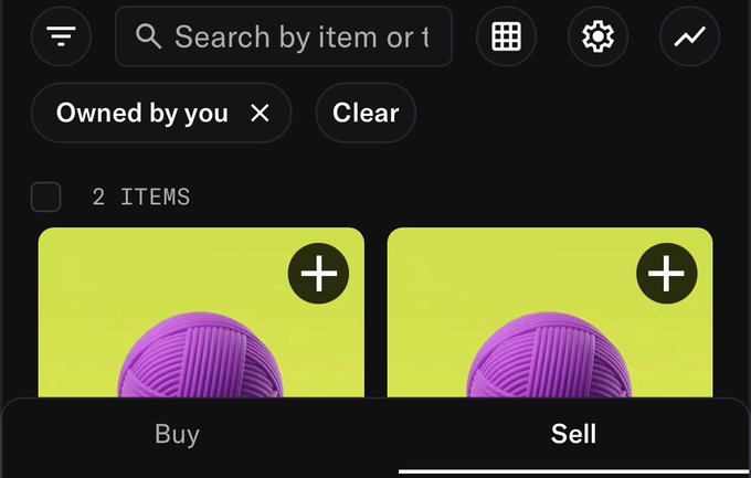 A mobile app interface showing two items of purple yarn, with search and filter options at the top, and 'Buy' and 'Sell' buttons at the bottom.