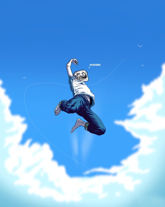 A digitally illustrated troll face character jumping joyfully through blue skies with white clouds, labeled "HIGHER!"