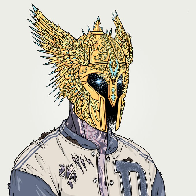 A stylized illustration of a figure wearing an ornate golden winged helmet and a starry-face visor, dressed in a white and blue varsity jacket.