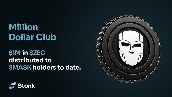 A promotional graphic for the "Million Dollar Club" by Stonk features a black tire-like emblem with a white mask face, celebrating the milestone of "$1M in $ZEC distributed to $MASK holders to date," directly illustrating the post's announcement of over $1,000,000 in ZEC being sent to MASK holders via Zolana.