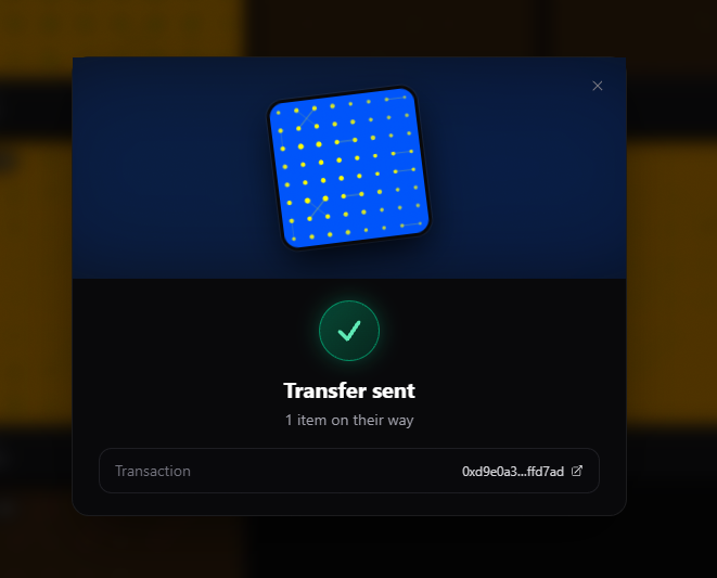 A digital transaction confirmation screen showing 'Transfer sent' with a green checkmark, a blue icon with yellow dots, and a transaction hash '0xd9e0a3...ffd7ad'.