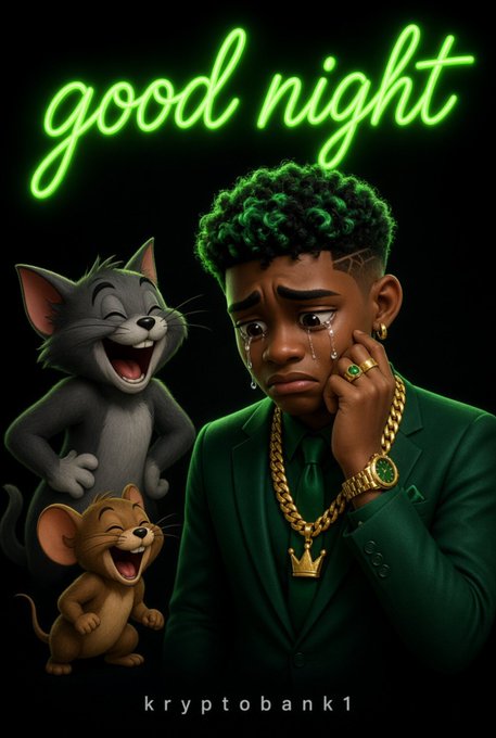 A stylized illustration shows a crying cartoon figure in a green suit with gold jewelry next to laughing Tom and Jerry characters, with 'good night' in neon text and 'kryptobank1' at the bottom.