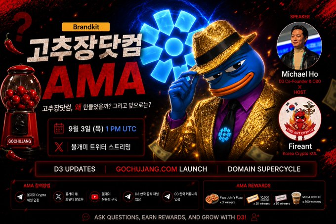 Promotional banner for a D3 Korea-hosted 'Gochujang AMA' event on September 3rd at 1 PM UTC, featuring speaker Michael Ho and host Fireant, with rewards including pizza, pizza slices, and coffee.