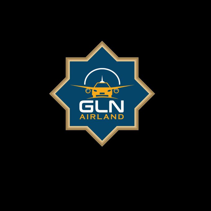 The image features the GLN Airland logo, a dark blue eight-pointed star with a gold border containing a yellow private jet silhouette above the text "GLN AIRLAND," visually representing the aviation-themed "$AIR" token project mentioned in the announcement.
