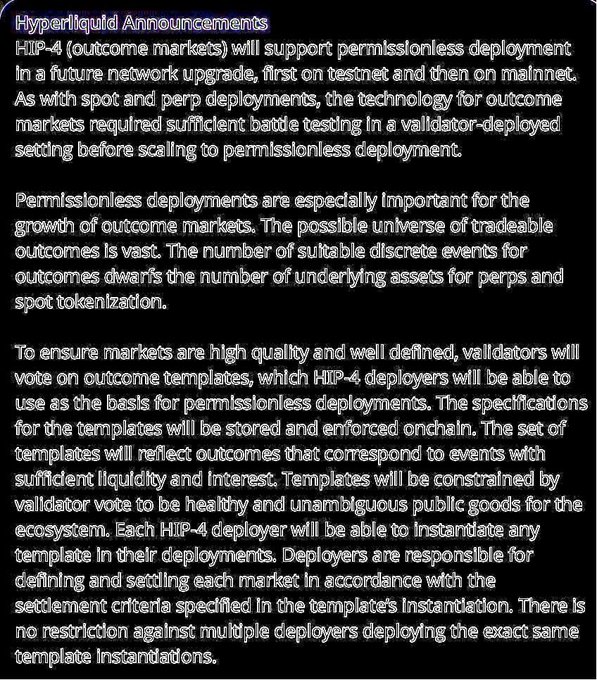 A text announcement titled 'Hyperliquid Announcements' discussing HIP-4 (outcome markets) and permissionless deployment plans for the Hyperliquid network.