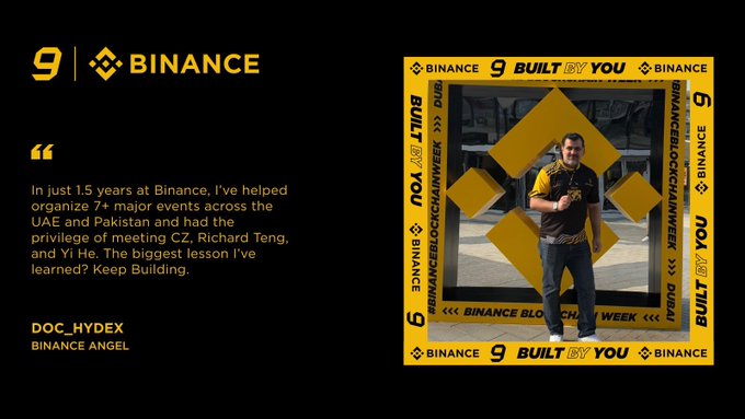 The image features Binance Angel DOC_HYDEX posing in front of a large yellow Binance logo structure at #BINANCEBLOCKCHAINWEEK DUBAI. The text highlights his role in organizing 7+ events and meeting prominent figures like CZ.