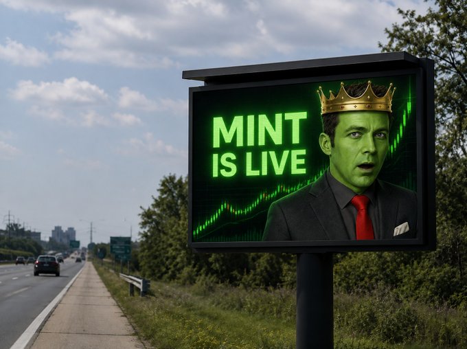 A billboard along a highway displays "MINT IS LIVE" alongside a green-tinted portrait of a man wearing a golden crown and red tie, visually announcing the launch of a new NFT mint linked to the OpenSea collection mentioned in the post.