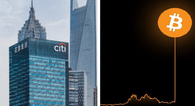 Split image: left shows the Citi building (with 花旗集团 Chinese text) in Shanghai's skyline; right shows a Bitcoin logo above an orange price chart line.