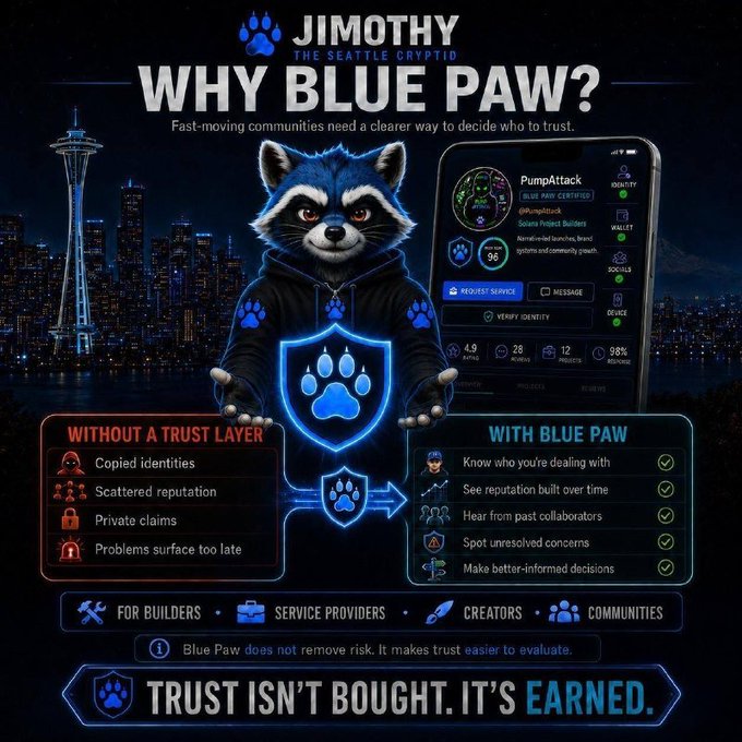 A promotional graphic for 'Jimothy the Seattle Cryptid' featuring a raccoon mascot holding a blue shield with a paw print. The poster asks 'WHY BLUE PAW?' and contrasts 'Without a Trust Layer' (copied identities, scattered reputation) versus 'With Blue Paw' (know who you're dealing with), with the tagline 'Trust isn't bought. It's earned.'